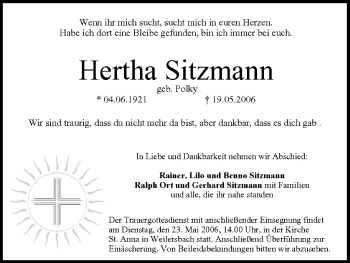 Anzeige von Hertha Sitzmann von MGO