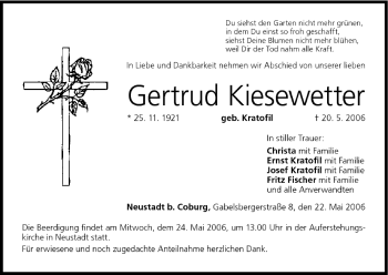 Anzeige von Gertrud Kiesewetter von MGO