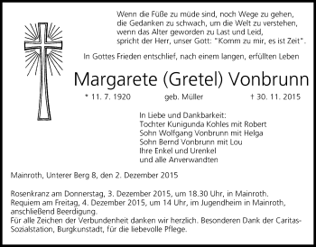Anzeige von Margarete Gretel Vonbrunn von MGO