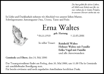 Anzeige von Erna Waltes von MGO