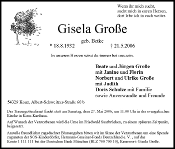 Anzeige von Gisela Große von MGO