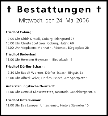 Anzeige von Bestattungen vom 24.05.2006 von MGO