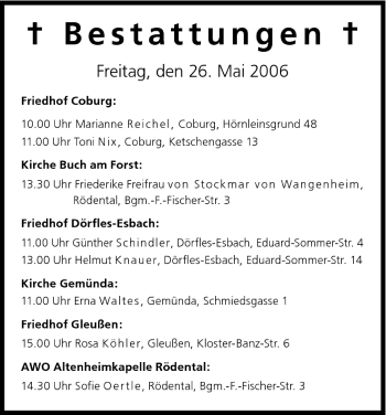 Anzeige von Bestattungen vom 25.05.2006 von MGO