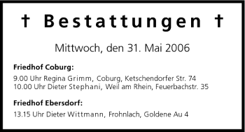Anzeige von Bestattungen vom 31.05.2006 von MGO