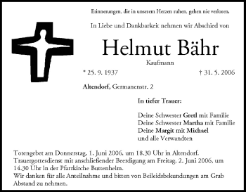 Anzeige von Helmut Bähr von MGO
