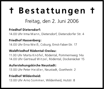 Anzeige von Bestattungen vom 02.06.2006 von MGO