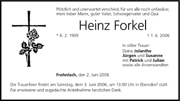 Anzeige von Heinz Forkel von MGO