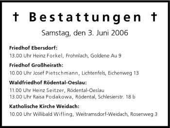 Anzeige von Bestattungen vom 03.06.2006 von MGO
