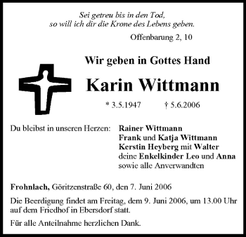 Anzeige von Karin Wittmann von MGO