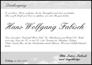 Anzeige von Hans-Wolfgang Fabisch von MGO