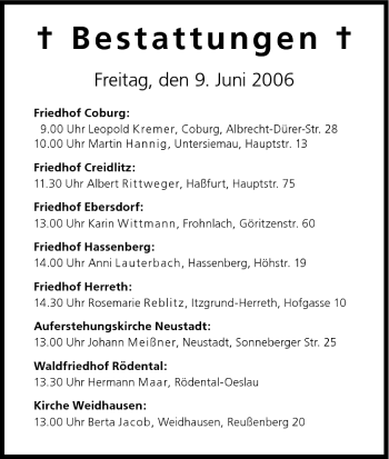 Anzeige von Bestattungen vom 09.06.2006 von MGO