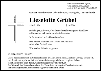 Anzeige von Lieselotte Grübel von MGO