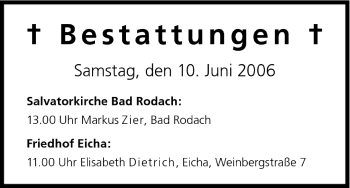 Anzeige von Bestattungen vom 10.06.2006 von MGO