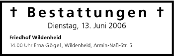 Anzeige von Bestattungen vom 13.06.2006 von MGO