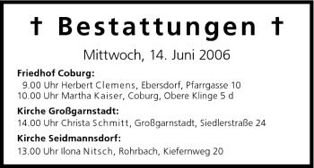 Anzeige von Bestattungen vom 14.06.2006 von MGO