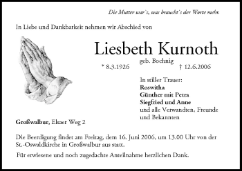 Anzeige von Liesbeth Kurnoth von MGO