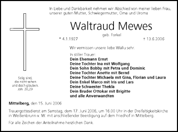 Anzeige von Waltraud Mewes von MGO