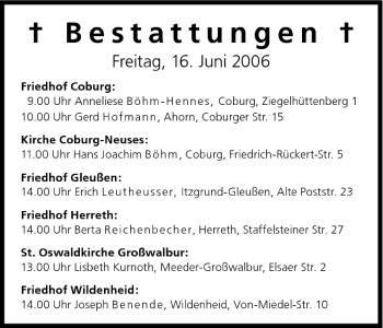 Anzeige von Bestattungen vom 15.06.2006 von MGO