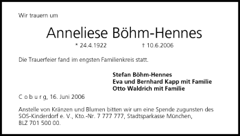 Anzeige von Anneliese Böhm-Hennes von MGO