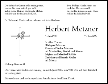 Anzeige von Herbert Metzner von MGO