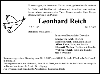 Anzeige von Leonhard Reich von MGO