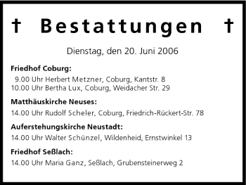 Anzeige von Bestattungen vom 20.06.2006 von MGO
