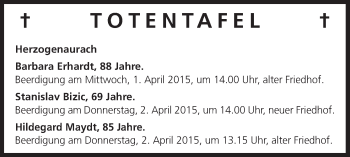 Anzeige von Totentafel 31.03.2015 von MGO