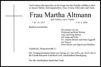 Anzeige von Martha Altmann von MGO