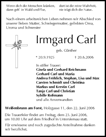 Anzeige von Irmgard Carl von MGO
