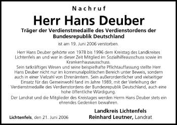 Anzeige von Hans Deuber von MGO