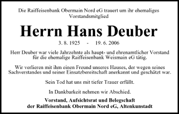Anzeige von Hans Deuber von MGO