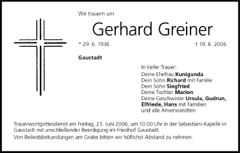 Anzeige von Gerhard Greiner von MGO
