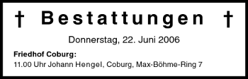 Anzeige von Bestattungen vom 22.06.2006 von MGO