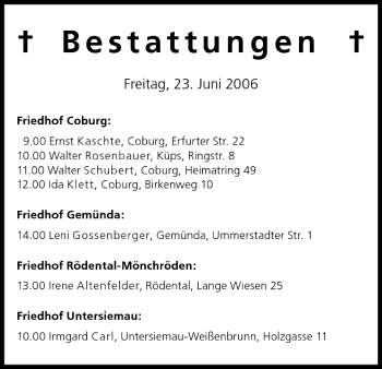 Anzeige von Bestattungen vom 23.06.2006 von MGO