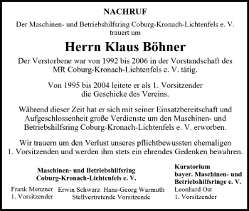 Anzeige von Klaus Böhner von MGO