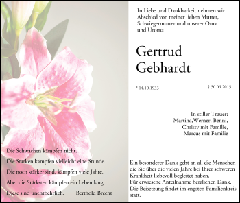 Anzeige von Gertrud Gebhardt von MGO