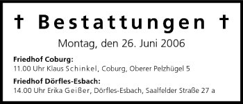 Anzeige von Bestattungen vom 26.06.2006 von MGO