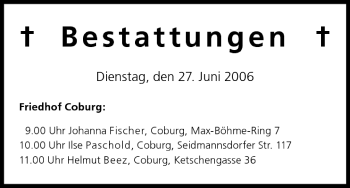 Anzeige von Bestattungen vom 27.06.2006 von MGO