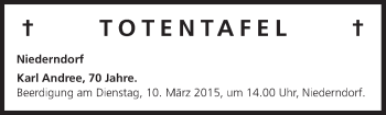 Anzeige von Totentafel vom 06.03.2015 von MGO