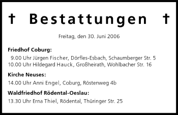 Anzeige von Bestattungen vom 30.06.2006 von MGO
