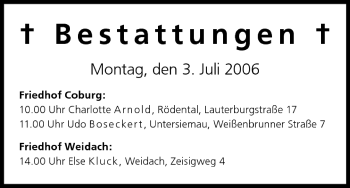 Anzeige von Bestattungen vom 03.07.2006 von MGO