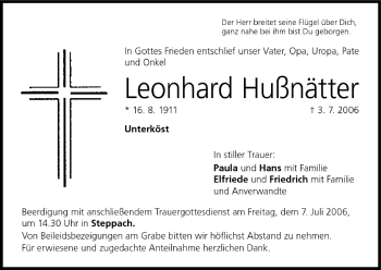 Anzeige von Leonhard Hußnätter von MGO
