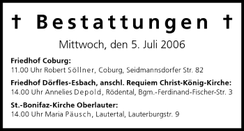 Anzeige von Bestattungen vom 05.07.2006 von MGO