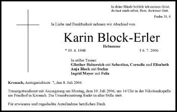 Anzeige von Karin Block-Erler von MGO