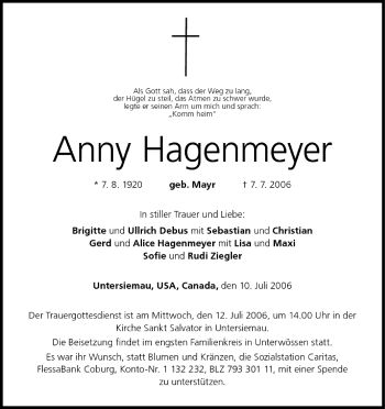 Anzeige von Anny Hagenmeyer von MGO