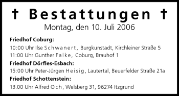 Anzeige von Bestattungen vom 10.07.2006 von MGO