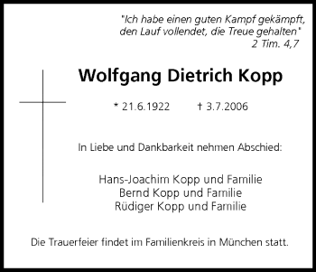 Anzeige von Wolfgang Dietrich Kopp von MGO