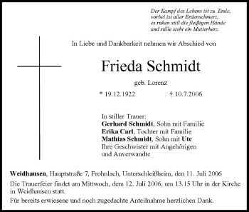 Anzeige von Frieda Schmidt von MGO
