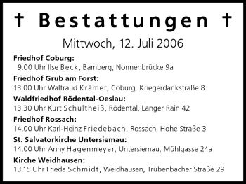 Anzeige von Bestattungen vom 12.07.2006 von MGO