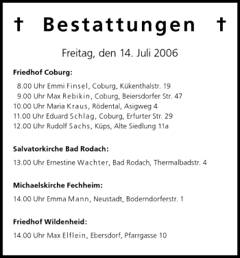 Anzeige von Bestattungen vom 14.07.2006 von MGO